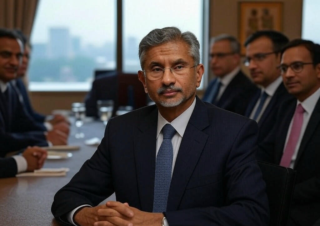 People in suits sit around a conference table in a meeting room with a cityscape view, discussing security and diplomacy.