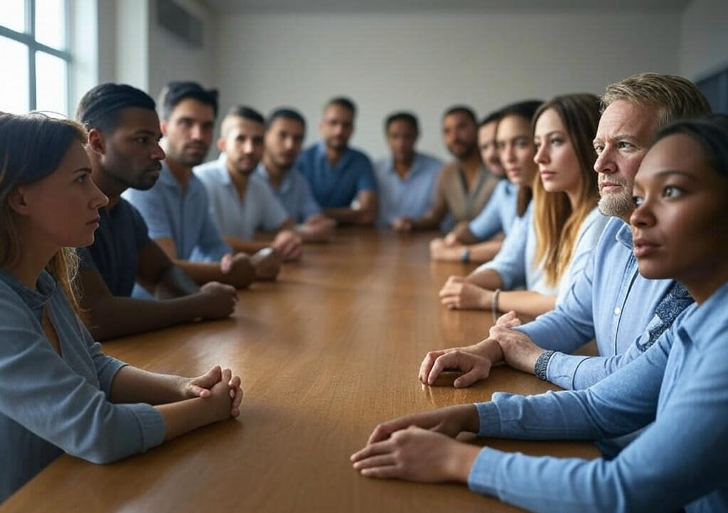 A diverse group of people in business attire sit around a conference table with a world map in the background, engaged in a serious discussion about a global outcry.