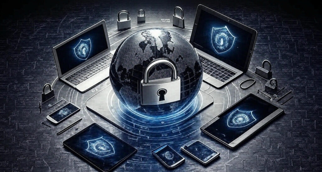 A digital illustration of a cybersecurity setup featuring a dark background with a glowing globe at the center, adorned with a large metallic padlock symbolizing global security. Surrounding the globe are multiple electronic devices, including laptops, tablets, and smartphones, each displaying a glowing shield icon with a lock, representing protected technology. Several physical padlocks and keys are scattered around the devices, emphasizing security measures. The scene is enhanced with blue holographic lines and circuits, creating a futuristic and secure atmosphere, highlighting the importance of cybersecurity on a global scale