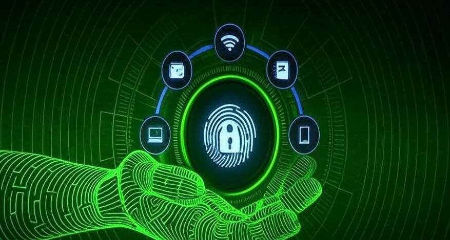 A futuristic digital illustration featuring a glowing green robotic hand holding a holographic sphere with a fingerprint and lock icon at its center, symbolizing advanced cybersecurity. Surrounding the sphere are five circular icons connected by blue lines, representing various secured elements: a Wi-Fi signal, a wallet, a document, a laptop, and a smartphone. The background is a dark green with concentric circuit-like patterns, creating a high-tech and secure atmosphere that emphasizes global digital protection
