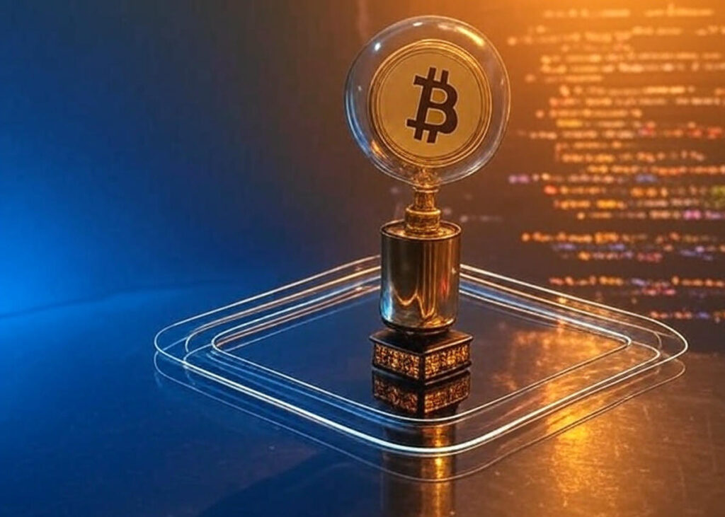 A futuristic digital scene featuring a golden Bitcoin symbol encased in a transparent orb, mounted atop a sleek, metallic pedestal with a glowing base, set against a vibrant purple and blue background with colorful code and circuit-like lines, symbolizing Pakistan's innovative Bitcoin reserve launch on May 30, 2025.