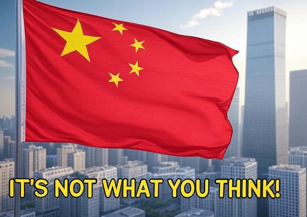 A color image featuring the Chinese flag with a red background and yellow stars in the foreground, set against a cityscape with modern high-rise buildings under a partly cloudy sky. At the bottom, bold yellow text with a black outline reads, "IT'S NOT WHAT YOU THINK!"