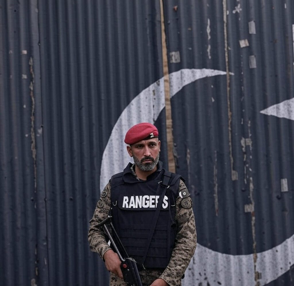 A soldier wearing a camouflage uniform and a red beret stands in front of a corrugated metal wall, holding a rifle. The soldier is equipped with a tactical vest labeled "RANGERS" and a Pakistani flag patch. The wall behind features a large white crescent and star symbol, indicating a national or military context.
