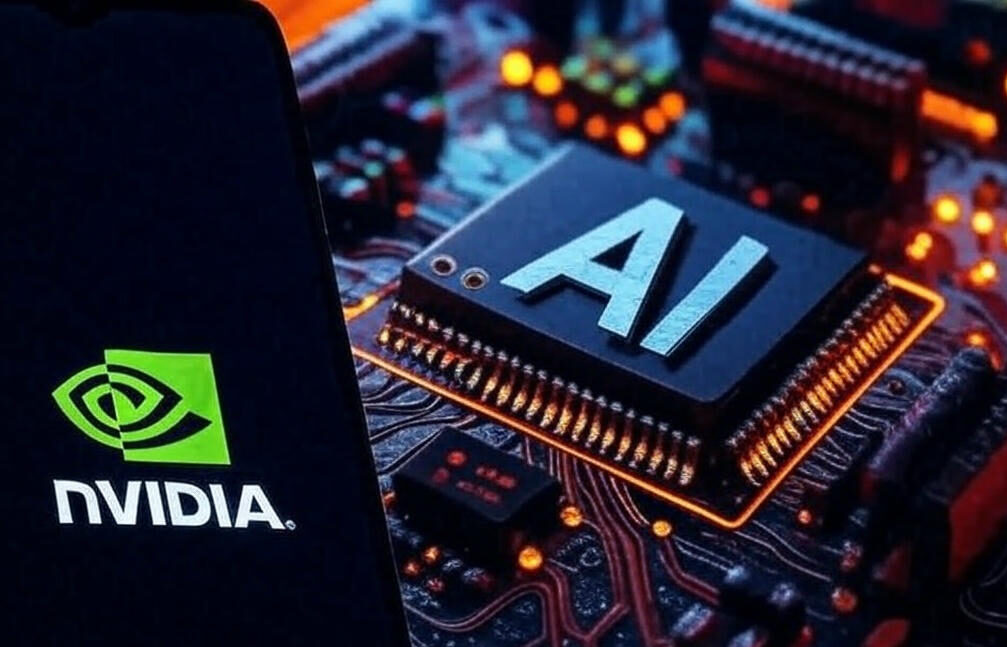 Nvidia logo alongside an advanced AI chip on a vibrant circuit board, highlighting Nvidia's leadership in artificial intelligence technology at Computex Taipei 2025.