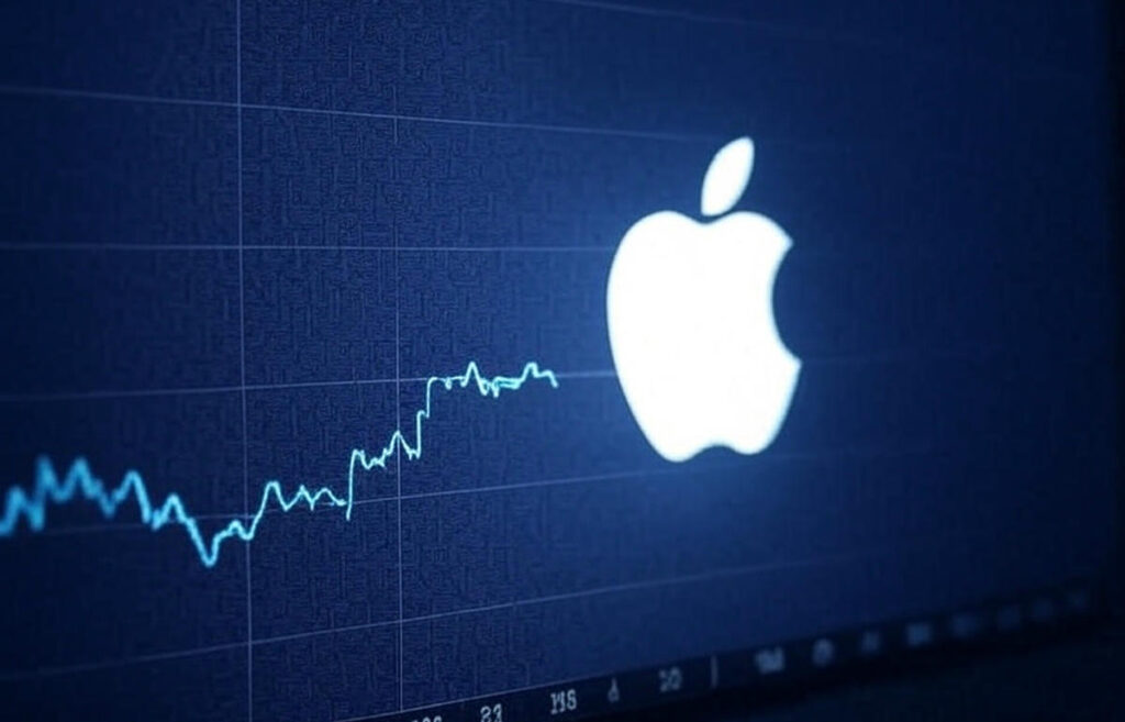 A glowing Apple logo is prominently displayed over a dark blue background featuring a stock market chart with a fluctuating blue line, indicating financial volatility. The chart's x-axis shows a timeline, while the y-axis ranges from 50 to 160, reflecting stock price movements.