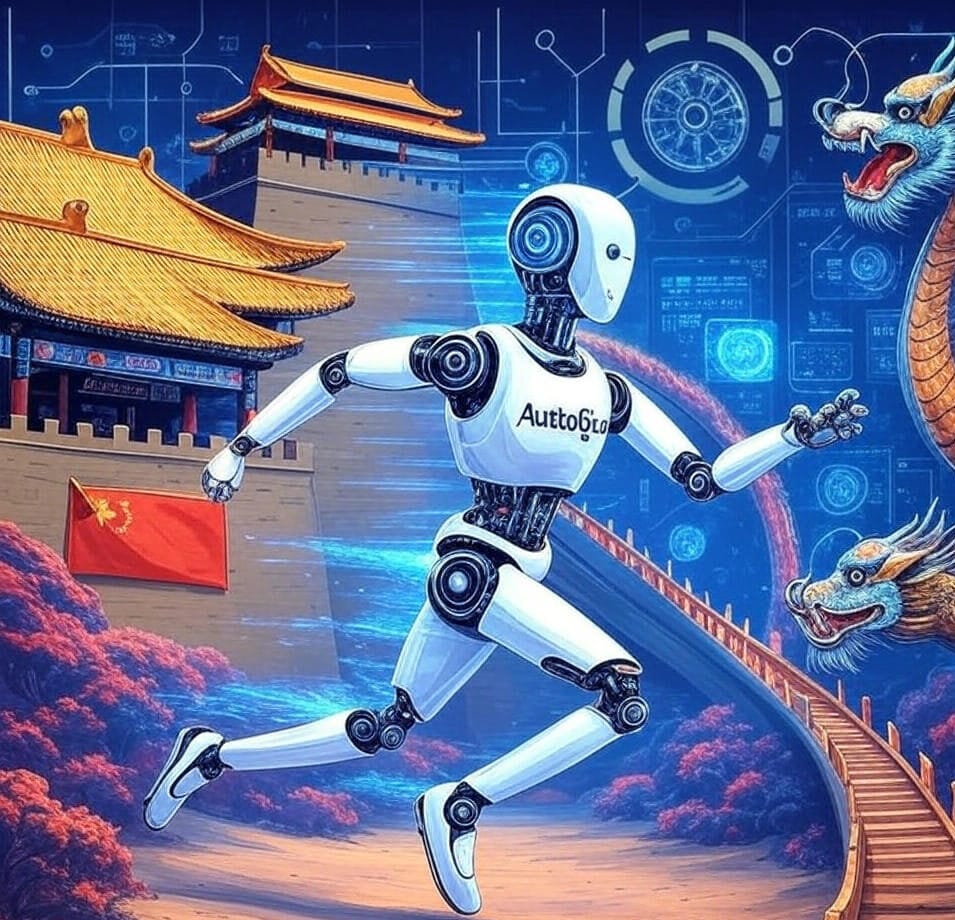 A dynamic digital illustration featuring a futuristic robot labeled 'AutoGin' sprinting forward with blue energy trails, symbolizing China's AI innovation. The robot is set against a backdrop of a traditional Chinese temple with golden roofs and a red flag bearing the Chinese emblem, blending ancient and modern elements. Surrounding the robot are vibrant blue dragons and circuit-like patterns, representing technological advancement and cultural heritage. The scene is alive with digital motifs, including binary code and holographic interfaces, capturing the essence of Zhipu AI’s AutoLM Rumination and China’s thriving tech scene on June 30, 2025.