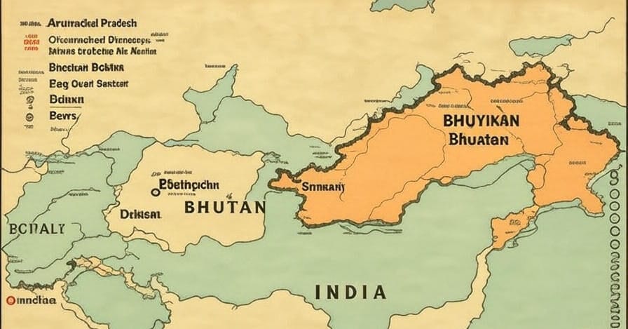 A map highlighting the disputed border region between India and China, focusing on Arunachal Pradesh. The map shows the claimed line, with areas administered by India marked in pink and claimed by China indicated. Country borders, regional borders, and capital cities like Thimphu (Bhutan) and Tawang are labeled, with Nepal and surrounding regions also visible, set against a neutral background.