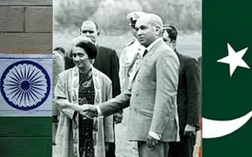 A historic moment on June 9, 2025, at 01:22 PM PKT, showing Indian and Pakistani leaders shaking hands against a backdrop of their national flags—the Indian tricolor and the Pakistani crescent and star. The black-and-white image, framed by modern flag displays, symbolizes the 1972 Shimla Agreement’s promise of peace, now tested by recent India-Pakistan disputes.