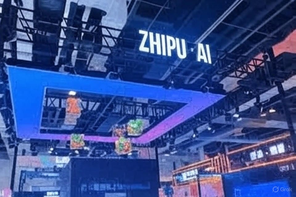 A vibrant exhibition booth featuring a large overhead sign displaying 'ZHIPU.AI' in bright white letters, illuminated against a dynamic blue and purple gradient backdrop. The booth is part of a high-tech trade show, with modern lighting rigs and colorful hanging decorations adding to the futuristic atmosphere. Surrounding the central display are sleek black panels and other exhibits, suggesting a showcase of innovative AI technologies, likely highlighting Zhipu AI’s advancements, including AutoLM Rumination, in a bustling tech event on June 30, 2025.