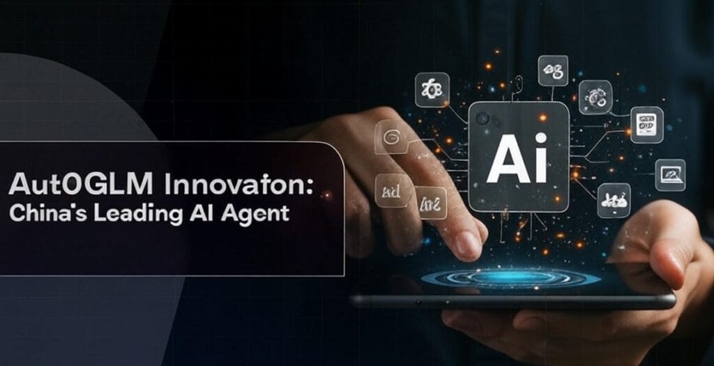 A futuristic digital illustration featuring a person holding a smartphone, interacting with a holographic interface displaying the text 'AutoGLM Innovation: China's Leading AI Agent.' The interface highlights an 'AI' icon surrounded by various digital icons representing data analytics, gears, charts, and connectivity, all set against a dark, circuit-patterned background. The scene symbolizes Zhipu AI’s AutoLM Rumination, showcasing China’s cutting-edge AI advancements with a sleek, innovative design, captured in a visionary tech atmosphere on June 30, 2025.