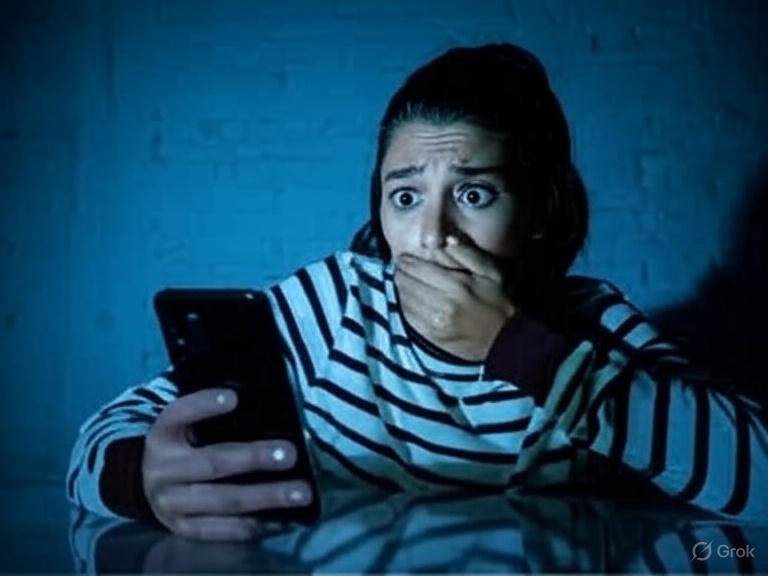 A shocked woman in a striped shirt stares at her phone in the dark, worried about a possible bank hack amid rising cyber threats.