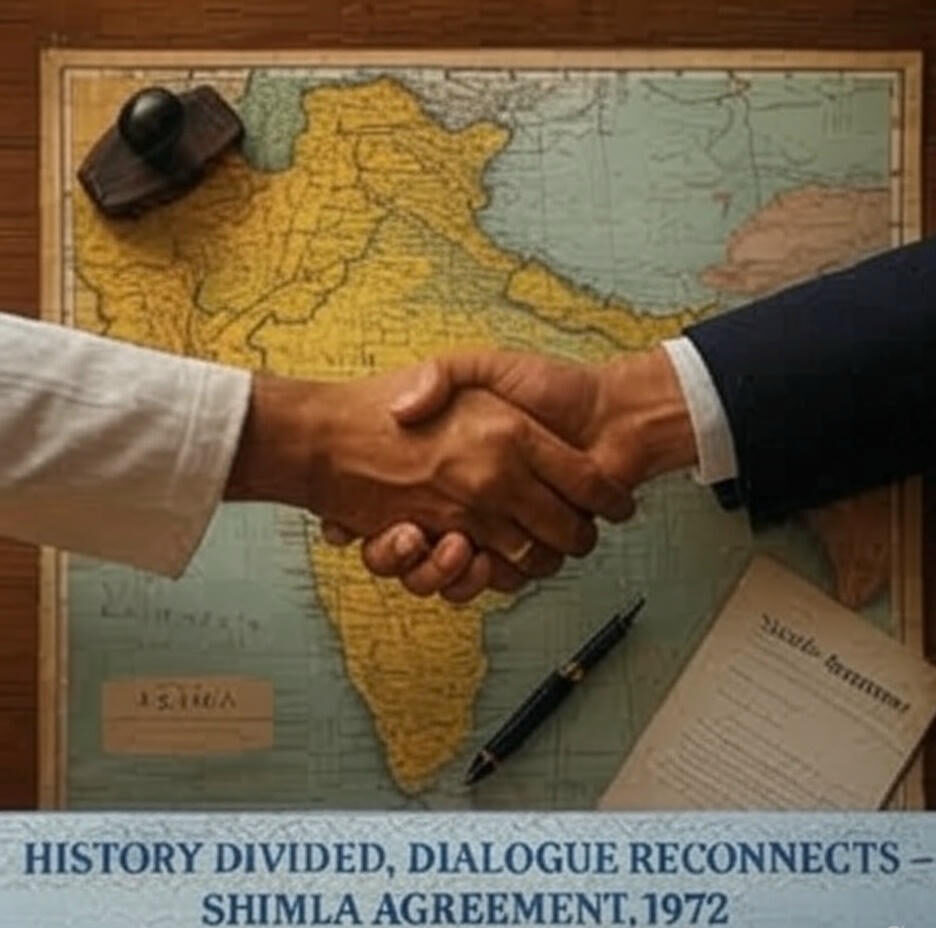 A symbolic scene on June 9, 2025, at 01:16 PM PKT, depicting a handshake over an old map of the Indian subcontinent, with a document labeled "Shimla Agreement" and a pen resting nearby. The image, set against a wooden table with a stamp, evokes the 1972 peace pact between India and Pakistan, now under strain, symbolizing a fragile bridge over a divided history.