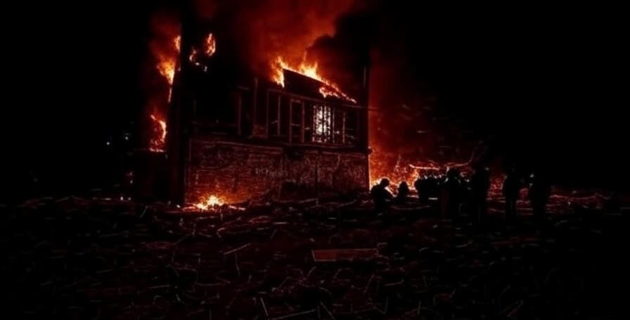 Firefighters tackle a blazing building in Ukraine at night, with debris scattered, amid the Russian assault on June 28-29, 2025.