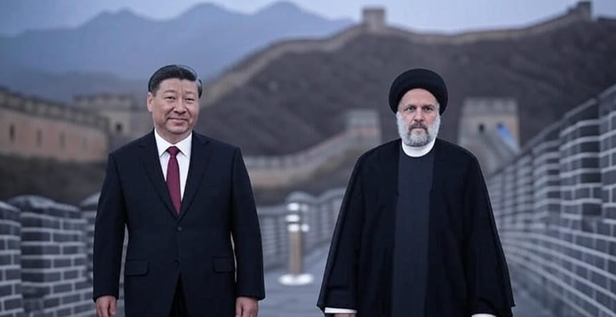 Two prominent leaders stand side by side against the iconic backdrop of the Great Wall of China, with rugged mountains in the distance. The leader on the left wears a dark suit with a red tie, while the leader on the right is dressed in a traditional black robe and turban, symbolizing a diplomatic meeting between China and Iran amidst the ongoing Israel-Iran conflict