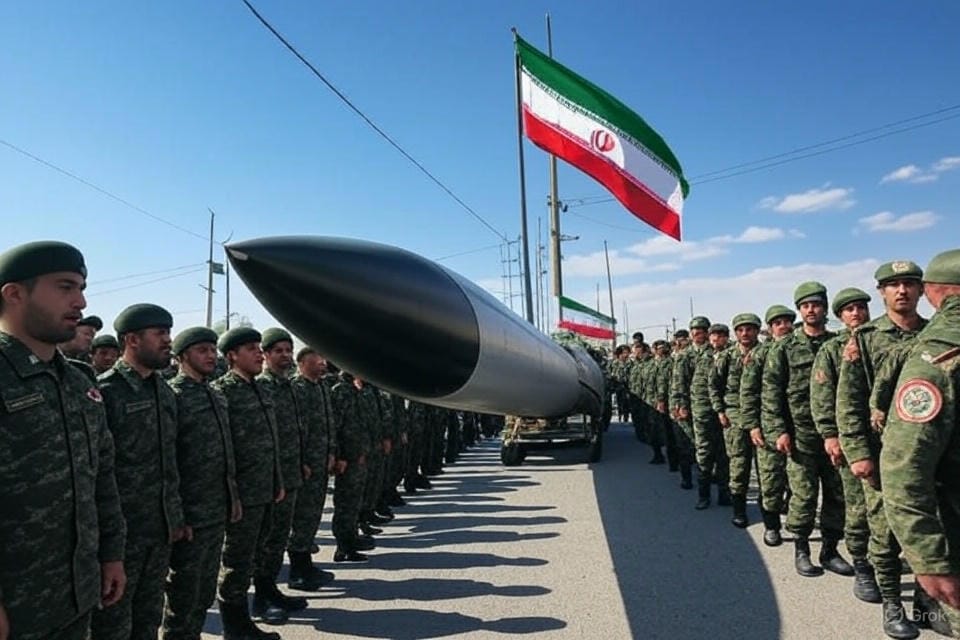Iranian missile on display with soldiers in camouflage and the Iranian flag, symbolizing Middle East military strength, amid tensions following US airstrikes on Iran’s nuclear sites on June 22, 2025.