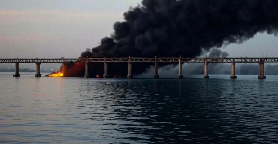 A tense moment from the Ukraine War on June 4, 2025, at 08:29 PM PKT, depicting the aftermath of the Kerch Bridge strike with a smoky, fire-lit sky over the damaged structure. Russian repair crews in orange vests work under floodlights to assess the bridge’s underwater pillars, while a military convoy waits in the background, reflecting the strategic stakes of this critical link between Crimea and Russia amidst the escalating conflict