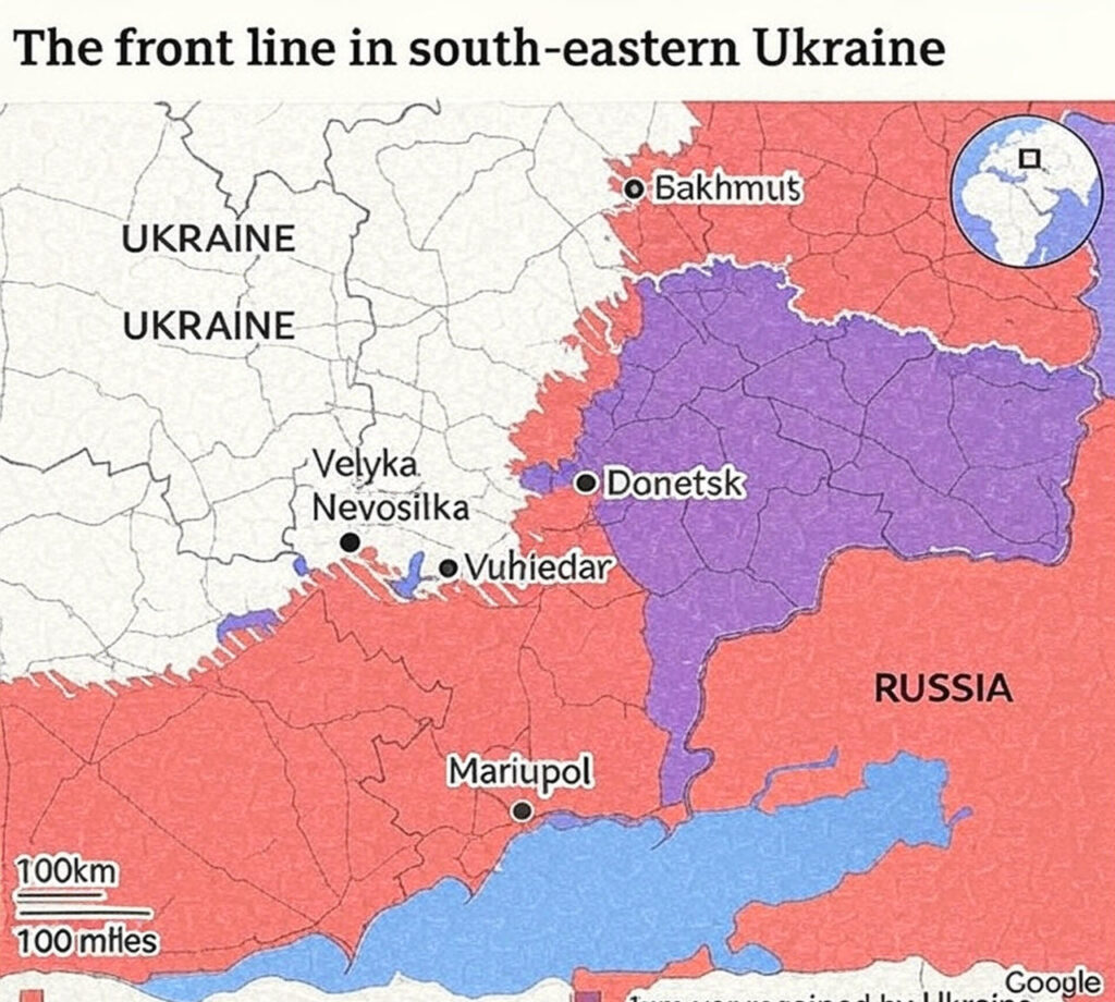 A detailed watercolor-style map of the front line in south-eastern Ukraine as of June 2, 2025, at 07:40 PM PKT, highlighting the ongoing conflict zones. The map shows Russian military control in shades of red, with key cities like Donetsk, Bakhmut, Vuhledar, and Mariupol marked by black dots, while areas held or regained by Ukraine are depicted in purple along the shifting borders. The map includes a 100km/100-mile scale and an inset of the broader region, with the Sea of Azov in blue, capturing the tense military landscape amidst the Ukraine-Russia conflict.