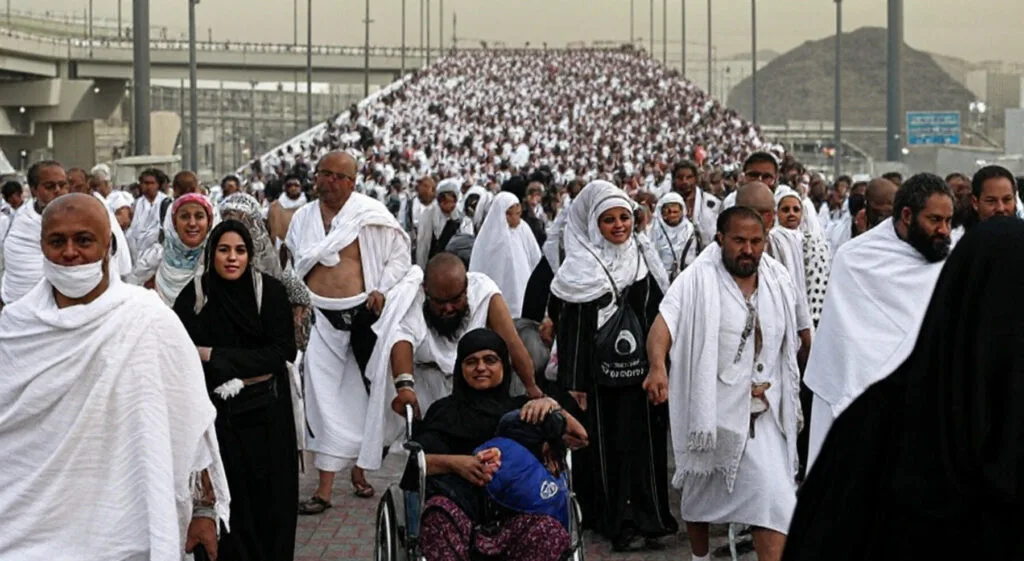 A heartfelt scene from Hajj 2025 on June 5, at 09:35 PM PKT, capturing a diverse crowd of pilgrims in white Ihram garments seated on the plains of Arafah, illuminated by the soft light of dawn. They listen to the Kutba through earpieces in 35 languages, with a young girl in the foreground smiling as she hears it in Somali, while an elderly man nearby follows in Arabic, a large digital board in the background displaying translations, reflecting the global harmony of the pilgrimage