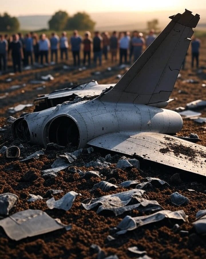 Wreckage of a crashed military jet fighter with a visible tail and wing lies scattered across a rural field, surrounded by debris and broken parts, with a crowd of onlookers gathered in the background. The scene features a brick wall, trees, and natural landscape under a clear sky, with soil and rubble indicating the impact of the aviation accident.