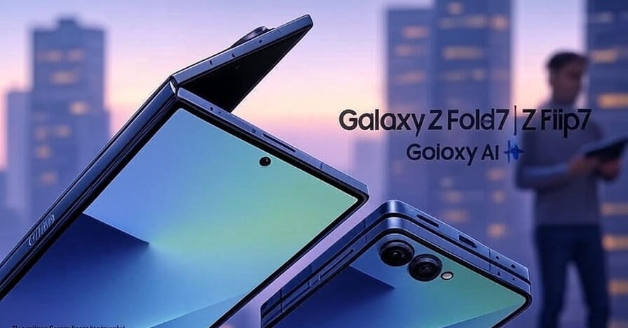 Image showcasing two Samsung foldable smartphones, the Galaxy Z Fold7 and Z Flip7, featuring Galaxy AI technology. The left side displays the Galaxy Z Fold7 with its screen partially open, revealing a gradient blue-to-green background. The right side shows the Galaxy Z Flip7 in a closed position, with its dual-camera system visible. The text 'Galaxy Z Fold7 | Z Flip7' and 'Galaxy AI' with a star icon is centered between the devices. The background includes a blurred cityscape at dusk with a person holding a tablet, and the Samsung logo with 'samsung.com' is visible at the bottom right. A note at the bottom left indicates that certain AI features require a Samsung Account login and internet connection.