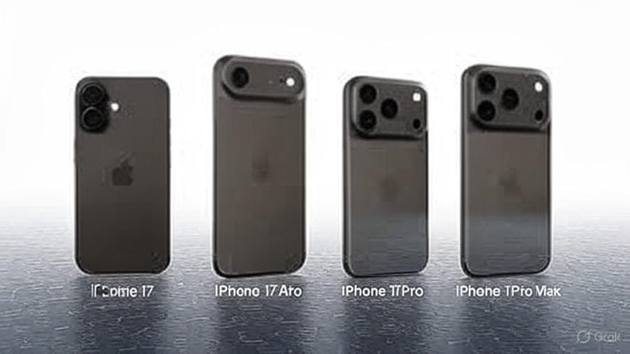 A promotional image displaying four iPhone 17 series models arranged side by side on a dark background: iPhone 17 with a dual-camera setup, iPhone 17 Air with a single prominent camera, iPhone 17 Pro with a triple-camera system, and iPhone 17 Pro Max with an advanced multi-lens camera array. Each device features the Apple logo and is labeled accordingly, showcasing a sleek, modern design with varying camera configurations.
