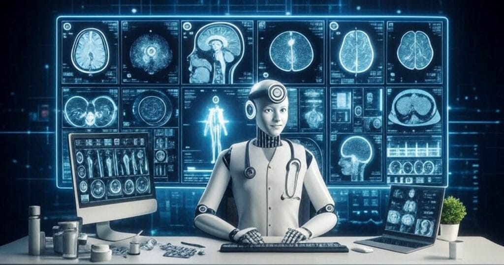 A humanoid robot dressed in a white coat with a stethoscope sits at a desk in a high-tech medical office, working on a keyboard. Behind the robot, a large digital display shows multiple brain scan images and a holographic human skeleton. The desk is equipped with a computer monitor, a laptop displaying additional scans, medical supplies, and a small potted plant, all set against a blue, futuristic background.