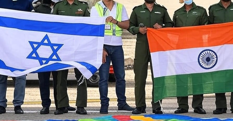 An image featuring a stylized depiction of military conflict, with the Indian flag alongside a fighter jet (resembling a Jaguar aircraft) positioned above a nuclear facility with cooling towers, and the Israeli flag with another fighter jet (resembling an F-16) on the opposite side. Below the nuclear facility, the Pakistani flag is prominently displayed. The scene suggests a hypothetical confrontation involving India and Israel targeting Pakistan's nuclear infrastructure.