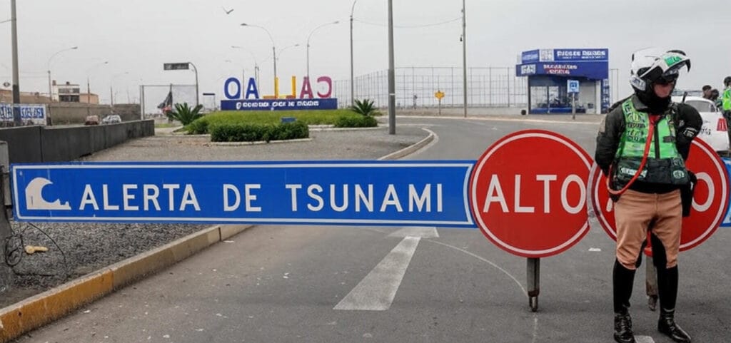 The image depicts a tsunami alert scene on a coastal road. A blue sign reading "ALERTA DE TSUNAMI" with a wave symbol is prominently displayed, accompanied by a red "ALTO" (stop) sign. A police officer wearing a green safety vest, black helmet, and protective gear stands beside the signs, overseeing the restricted area. The background includes a road with a roundabout, a sign reading "CALLAO," and a fenced area with buildings and vehicles, indicating a port or coastal town setting. The sky is overcast, suggesting potential inclement weather or emergency conditions.