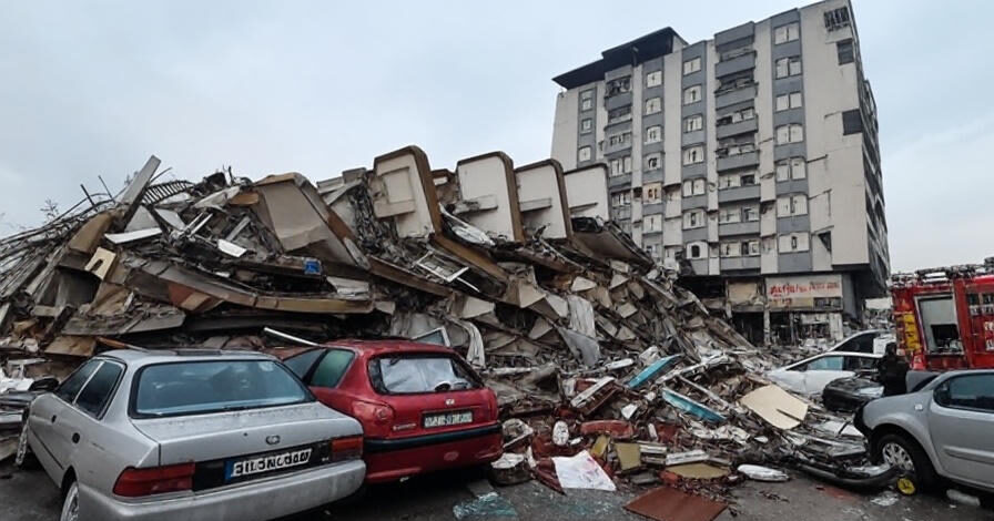 The image depicts a scene of significant structural collapse, with a multi-story building partially collapsed onto a street. Debris, including concrete slabs, metal, and other construction materials, is piled high, crushing several parked cars, including a silver sedan and a red hatchback with visible license plates. The intact portion of the building, a gray multi-story structure with numerous windows, stands adjacent to the rubble. The street is littered with broken glass and scattered debris, and a few emergency vehicles, including a red fire truck, are visible in the background. The sky is overcast, suggesting recent or ongoing emergency conditions.