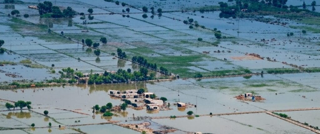 An aerial view of a vast agricultural region in Central Texas submerged by floodwaters from the Guadalupe River in July 2025, showing inundated fields, scattered trees, and isolated clusters of homes surrounded by water, highlighting the extensive agricultural and residential damage caused by the disaster.