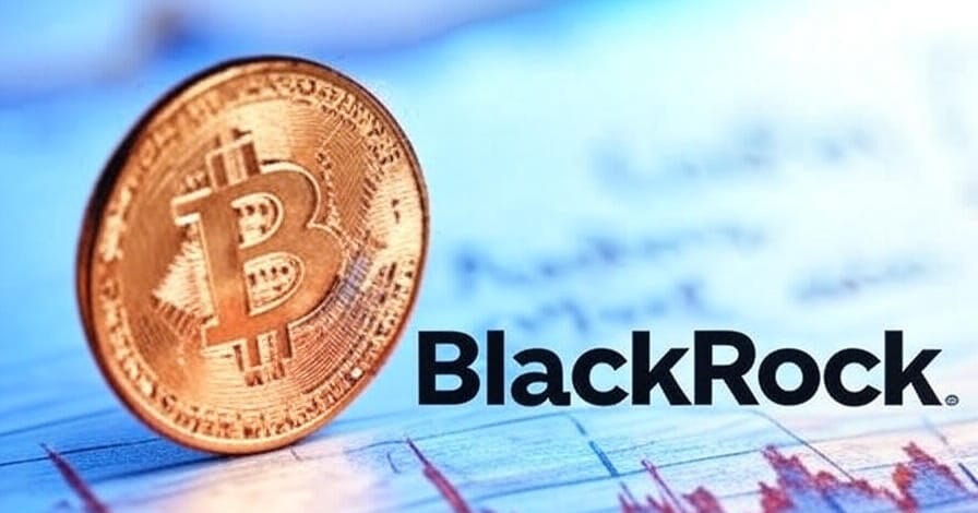 The image features a physical Bitcoin coin placed on a financial chart with fluctuating red and black lines, symbolizing market trends. The BlackRock logo is prominently displayed in bold black text across the center of the image, indicating an association with the financial institution known for its investment management services. The background includes a subtle gradient and additional chart elements, emphasizing the intersection of cryptocurrency and traditional finance.