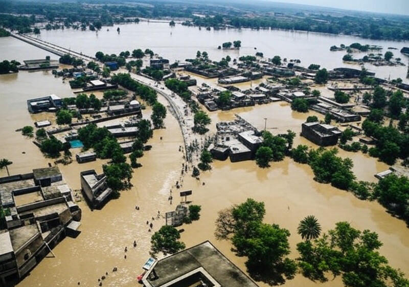 An aerial view of a flooded town with muddy water submerging large areas, surrounding numerous buildings and trees. A raised road runs through the center, crowded with people moving or seeking assistance, while a bridge stretches into the distance. The floodwaters have inundated homes and vegetation, with only rooftops and treetops visible above the surface, under a clear sky with a distant horizon of fields and hills.