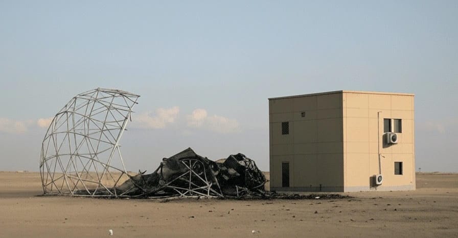 Image depicting the aftermath of a missile strike at Al Udeid Air Base, showing a partially collapsed geodesic dome structure with debris and smoke, alongside a damaged adjacent building in a desert environment.