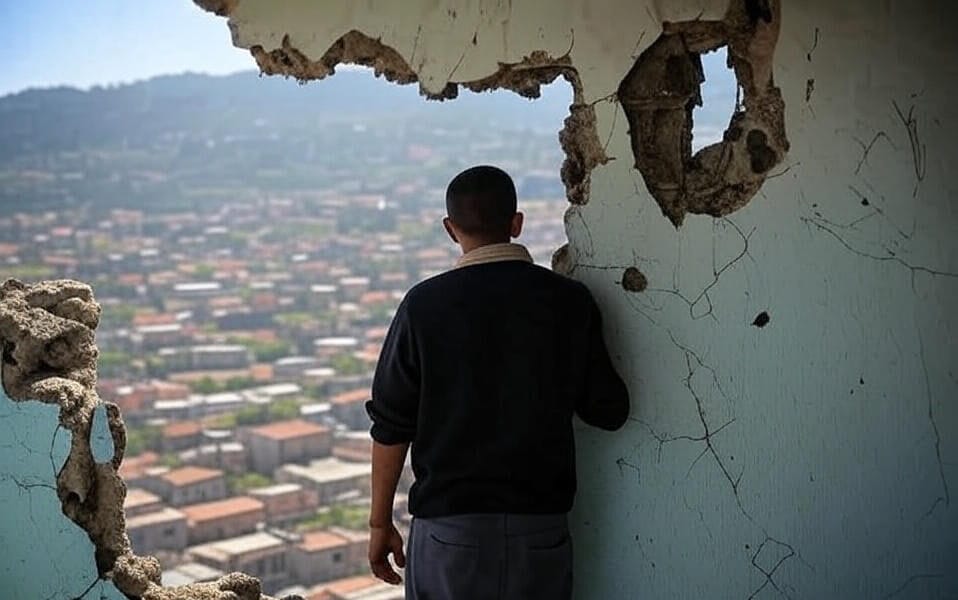The image shows a person standing inside a damaged building with a large hole in the wall, looking out over a scenic landscape. The individual, dressed in a black shirt and gray pants, is seen from behind, leaning against the cracked and weathered wall. Beyond the hole, a sprawling village with numerous buildings and red-tiled roofs is visible, nestled at the base of rugged, mountainous terrain under a clear blue sky. The damaged wall and surrounding debris suggest the impact of conflict or natural disaster.