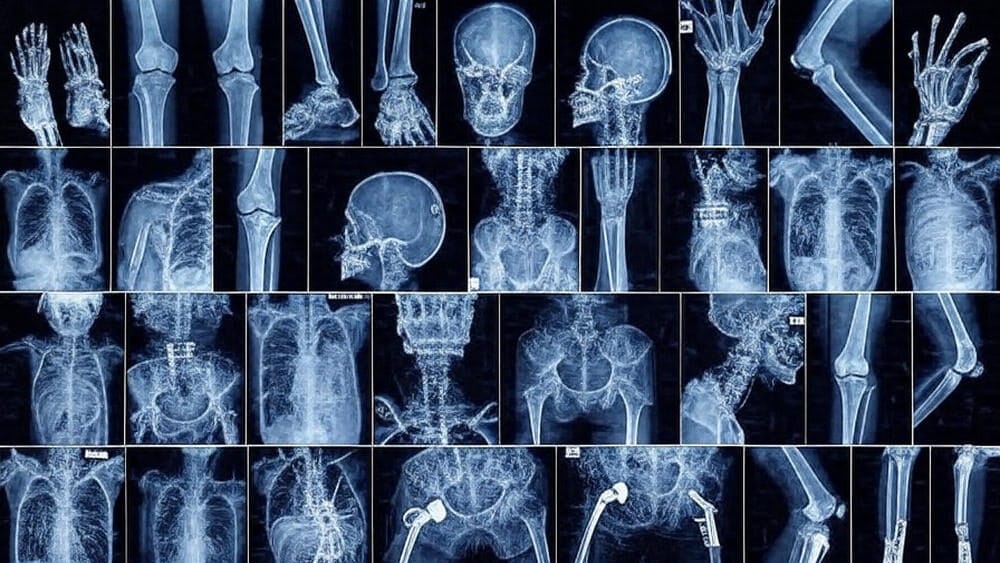 The image is a grid of 36 X-ray scans showcasing various parts of the human skeleton, arranged in a 6x6 layout. The scans include views of hands, feet, knees, legs, skulls, spines, pelvises, shoulders, and chests. Some images display medical hardware such as metal plates, screws, and joint replacements, indicating surgical interventions. The X-rays are presented in grayscale against a black background, highlighting the bone structures and implanted devices clearly.