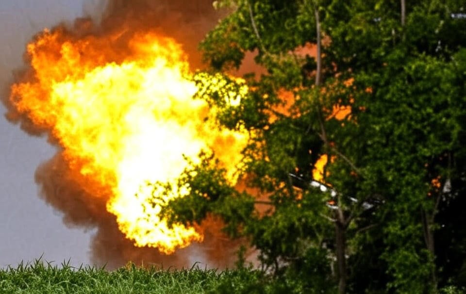 The image depicts a large explosion with bright yellow and orange flames and thick black smoke rising into the air. The explosion is partially obscured by green trees and foliage in the foreground, with green grass visible at the bottom. The scene suggests a powerful detonation, possibly in a rural or forested area, with a partly cloudy sky in the background.
