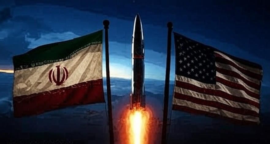Image showing a ballistic missile launching with flames at its base, flanked by the flags of Iran on the left and the United States on the right, set against a dark sky with a faint horizon, symbolizing the recent missile strike on Al Udeid Air Base