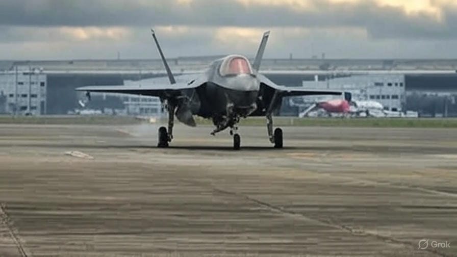 A British Royal Navy F-35B stealth fighter jet is positioned on the runway at Thiruvananthapuram International Airport in Kerala, India, under a partly cloudy sky. The jet is facing forward with its landing gear deployed, preparing for takeoff or having just landed, following its emergency landing on June 14, 2025. In the background, airport buildings and a commercial airliner with a red tail are visible, indicating the busy airport environment where the jet remains grounded due to a hydraulic failure."