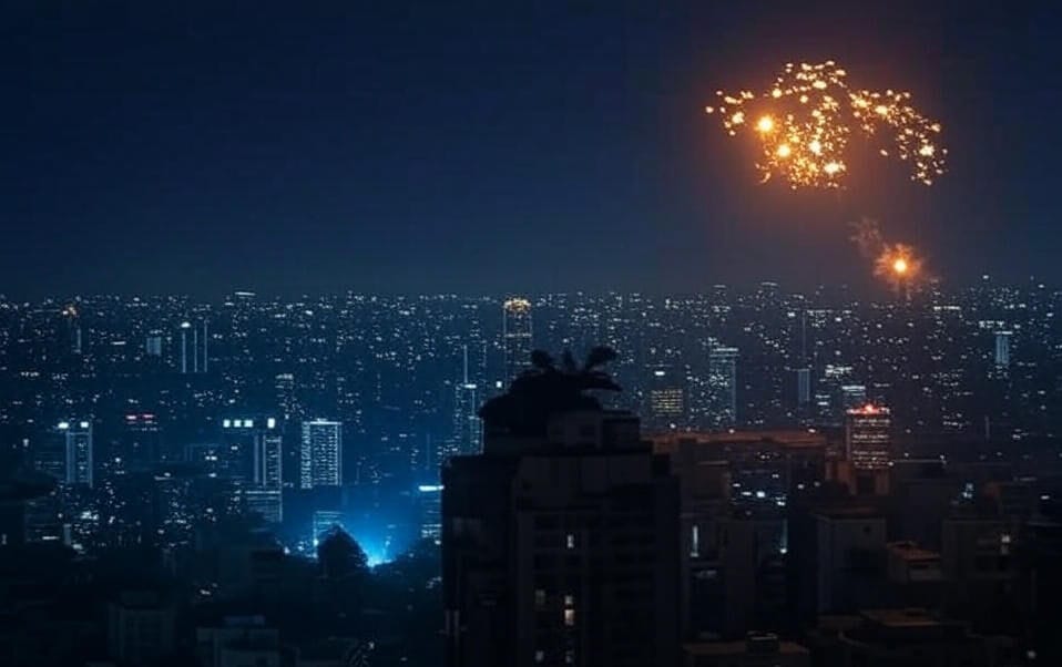 A nighttime cityscape featuring a skyline of illuminated skyscrapers and buildings, with a burst of bright fireworks or explosions lighting up the dark sky above. The foreground includes a tall building with a silhouette of trees or structures, while the distant city lights create a glowing horizon.