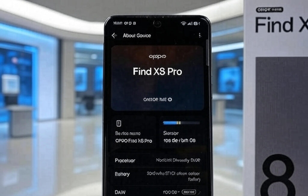 Alt text for the image:"A photograph of an OPPO Find X8 Pro smartphone displaying the 'About Device' screen, showcasing the ColorOS 15.0 interface. The screen details include the device name 'OPPO Find X8 Pro,' 182 GB of 512 GB storage, a MediaTek Dimensity 9400 processor, a 5910 mAh (TYP) silicon-carbon battery, and 16.0 GB of RAM with 4.00 GB available. The phone is placed on a wooden table next to its packaging box, labeled 'Find X8 Pro' with the number '8' prominently displayed, against a green background. The text is slightly distorted with artistic effects, adding a creative flair to the image."