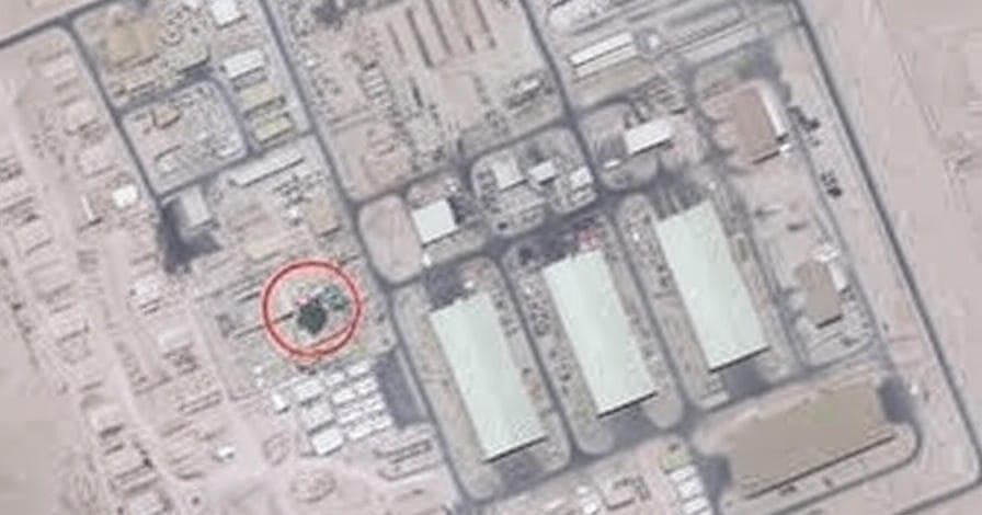 Satellite image of Al Udeid Air Base in Qatar, showing a circled area indicating the location of a damaged communications facility struck by an Iranian ballistic missile on June 23, 2025, with surrounding military infrastructure visible.