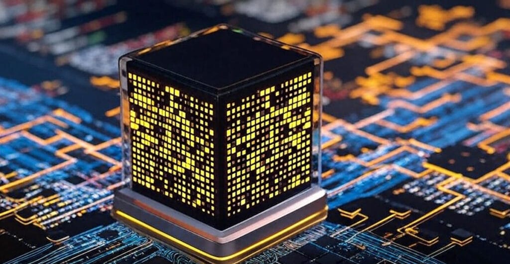 The image features a futuristic representation of a quantum computing component, depicted as a glowing, three-dimensional cube with a black surface illuminated by a grid of yellow lights. The cube is mounted on a metallic base with a yellow and silver finish, suggesting advanced technology. The background consists of a complex circuit board pattern with blue and orange circuitry lines and nodes, creating a high-tech, digital landscape. The overall composition emphasizes the cutting-edge nature of quantum computing technology.