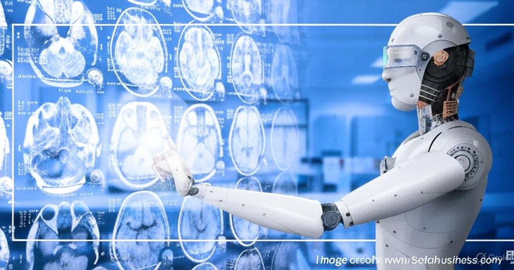 A humanoid robot with a white exterior and advanced mechanical features interacts with a holographic display of multiple brain scan images in a high-tech medical laboratory. The robot, wearing protective goggles, extends its arms toward the scans, which are arranged in a grid-like pattern against a blue background, with additional medical equipment visible in the blurred environment.