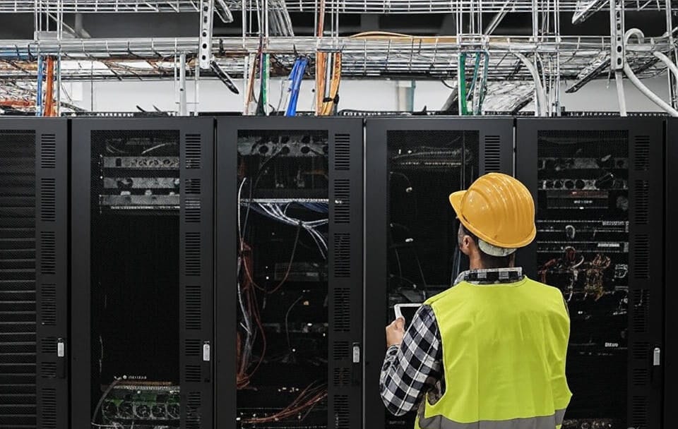 The image depicts a technician wearing a yellow safety helmet and a high-visibility vest, standing with their back to the camera in a data center. They are holding a tablet and inspecting rows of black server racks filled with colorful cables and networking equipment. Overhead, a network of cables and wiring is visible, suspended from the ceiling, indicating a complex infrastructure setup.