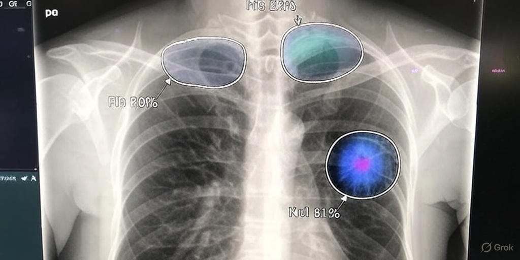 The image is a chest X-ray displayed in a posteroanterior (PA) view, showing the thoracic cavity with the lungs, ribs, and upper spine visible. Two areas are highlighted with annotations: the upper left lung has a circular region outlined with "Fib 20%" labeled, indicating a possible fibrosis percentage, and the upper right lung has a similar outline with "Fib 32%" labeled. Additionally, a colorful heatmap-like circle on the lower right lung is annotated with "Ndl 91%", suggesting a high nodule detection likelihood. The background includes a dark interface with medical imaging controls on the left side.