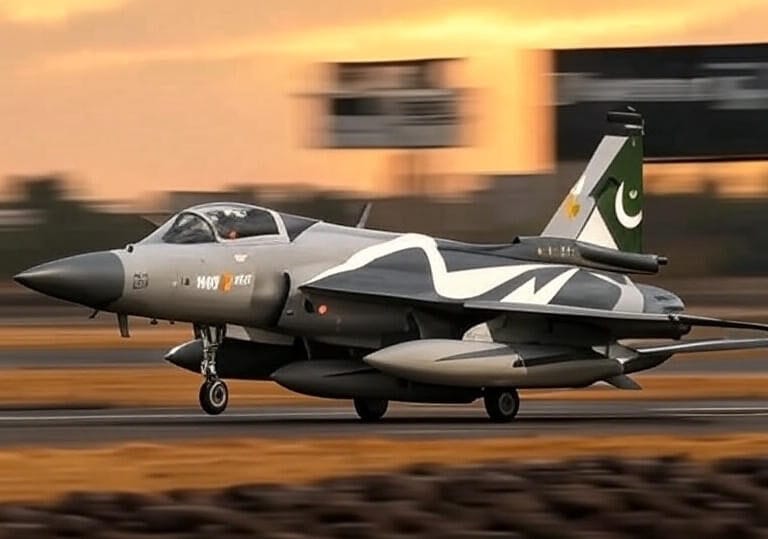 A Pakistan Air Force JF-17 Thunder Block-III fighter jet is captured in motion on a runway, showcasing its sleek design with a camouflage pattern featuring green, gray, and white colors. The aircraft bears the Pakistani flag on its tail and the number "08" on its fuselage. The background includes a blurred airfield with a clear sky and golden fields, indicating a dynamic takeoff or landing sequence.