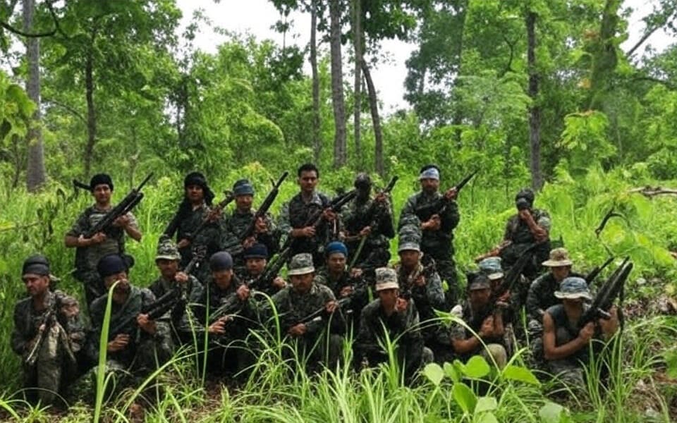 A group of armed individuals in camouflage uniforms and headgear, holding rifles, posing together in a dense forest with tall grass and trees in the background.