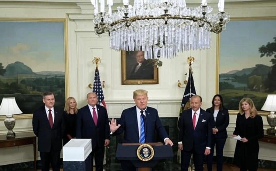 President Donald Trump speaking at a podium with the Seal of the President of the United States, surrounded by several individuals in formal attire, including House Speaker Mike Johnson, in a room with a chandelier, American flags, and a portrait on the wall.