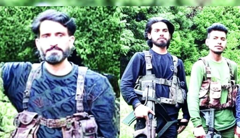 A split image featuring two scenes. On the left, a man with a beard and dark hair, wearing a dark shirt and tactical vest, stands with arms outstretched against a blurred green background. On the right, three men stand in a forested area; the central figure with long hair wears a dark shirt and tactical vest while holding a rifle, flanked by two others in green shirts and tactical vests, also holding rifles, with dense greenery in the background.