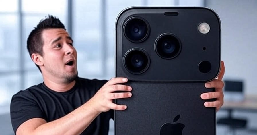 A person in a black shirt holds a large, exaggerated model of an iPhone 17 with a prominent triple-camera system on the back, featuring the Apple logo. The background is a light blue gradient, and the text 'iPhone 17' is displayed prominently, with additional branding text 'ibrsgane' and 'heimdallindustrial' visible on the phone model.